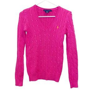Ralph Lauren Pink Cable Knit V-Neck Sweater Small